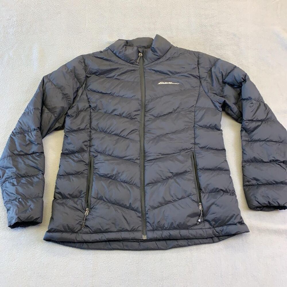 Eddie Bauer Jacket Mens Large Black EB650 Packable Down Puffer Full Zip Pockets